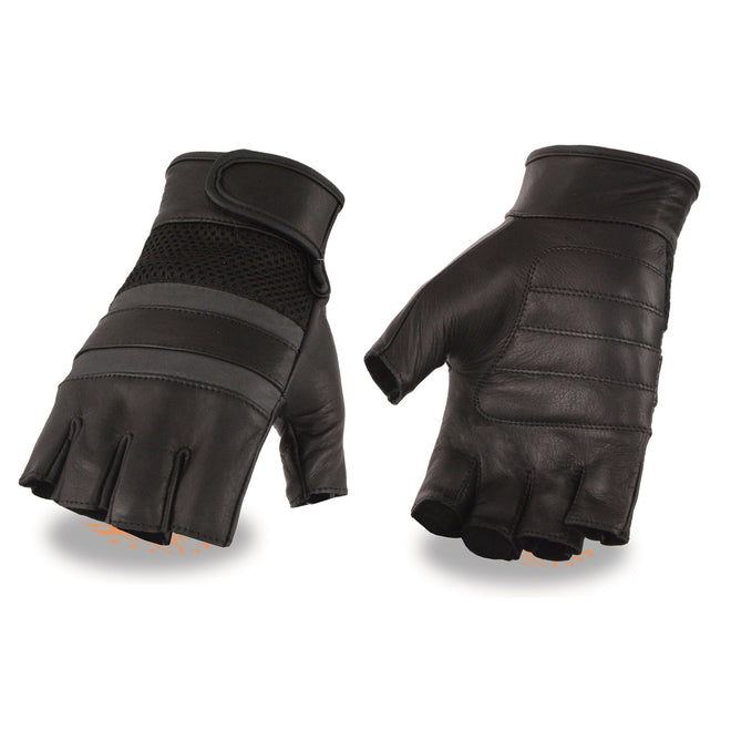 Men's leather and mesh fingerless gloves with gel palm and reflective band from HighwayLeather, showing the textured leather and breathable mesh.