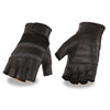 Men's leather and mesh fingerless gloves with gel palm and reflective band by Dynamicleather, showing close-up of glove details.