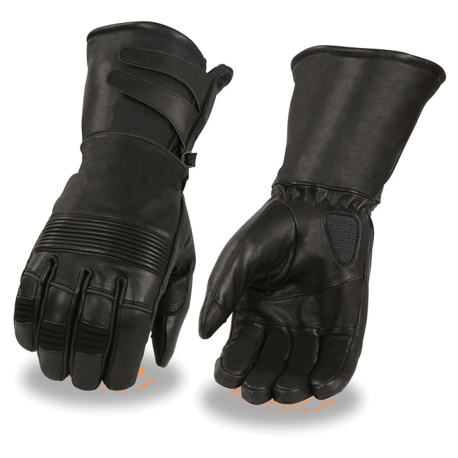 HighwayLeather men's thermal lined gauntlet gloves with extra long cuff, showing durable leather exterior and cozy insulation.