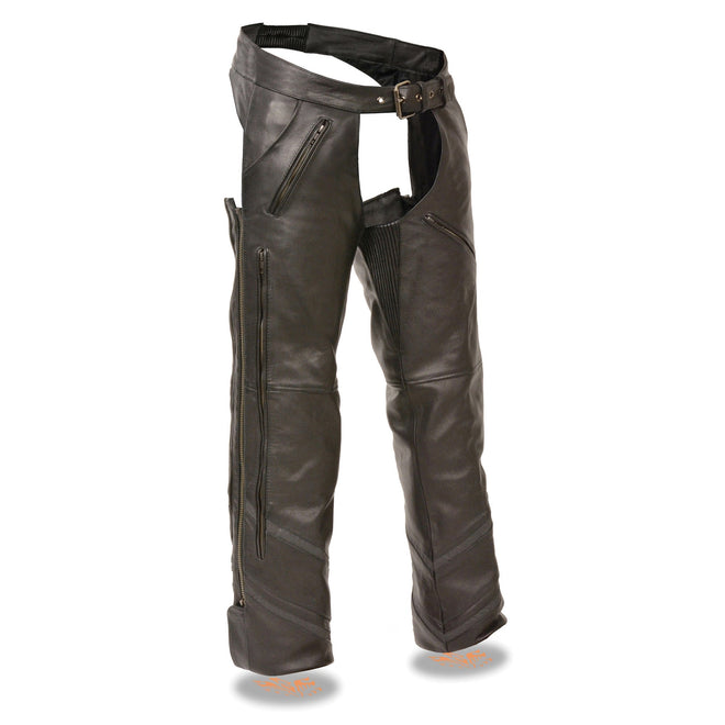 Men's HighwayLeather vented chaps with reflective piping, designed for motorcycle riding and safety.