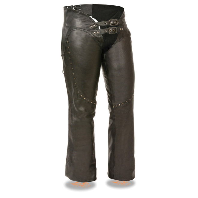 Ladies HighwayLeather low rise double buckle chaps with rivet detailing, designed for a stylish and edgy look.