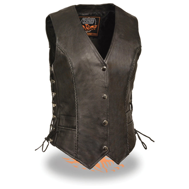 Women’s snap front vest with thin braid detail by HighwayLeather, featuring a sleek fit and stylish design.