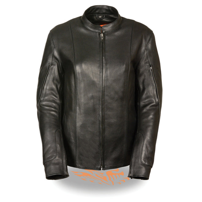 Women's racer style jacket by Dynamicleather with side buckles, featuring a sleek design and fitted silhouette.