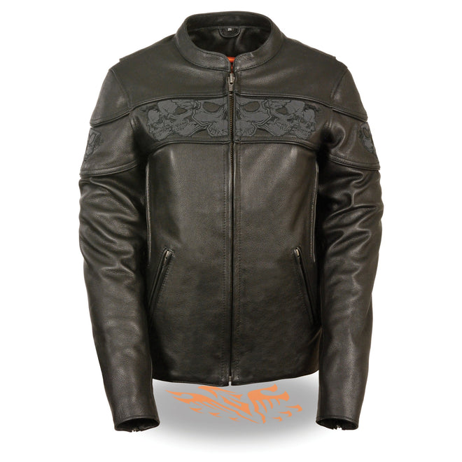 Women's HighwayLeather crossover scooter jacket with reflective skulls and stylish design, perfect for riding and casual wear.