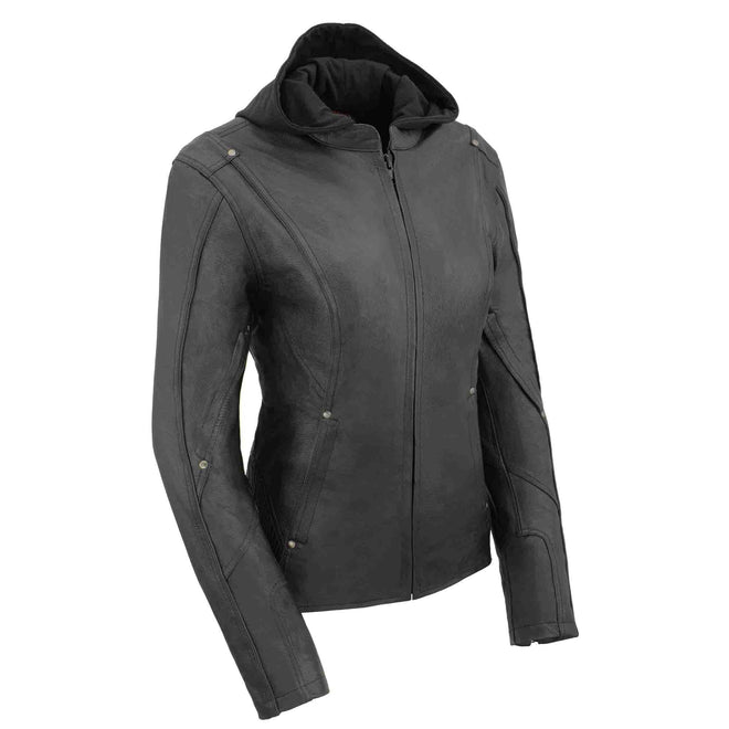 Women’s black 3/4 hooded leather jacket with side stretch fit, stylish women's jacket by HighwayLeather, shown in the image.