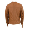 Ladies saddle tan lightweight scuba racer jacket with fringe from HighwayLeather, featuring a stylish and casual design.