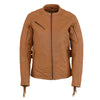 Ladies saddle tan lightweight scuba racer jacket with fringe detail, stylish women's jacket by HighwayLeather.