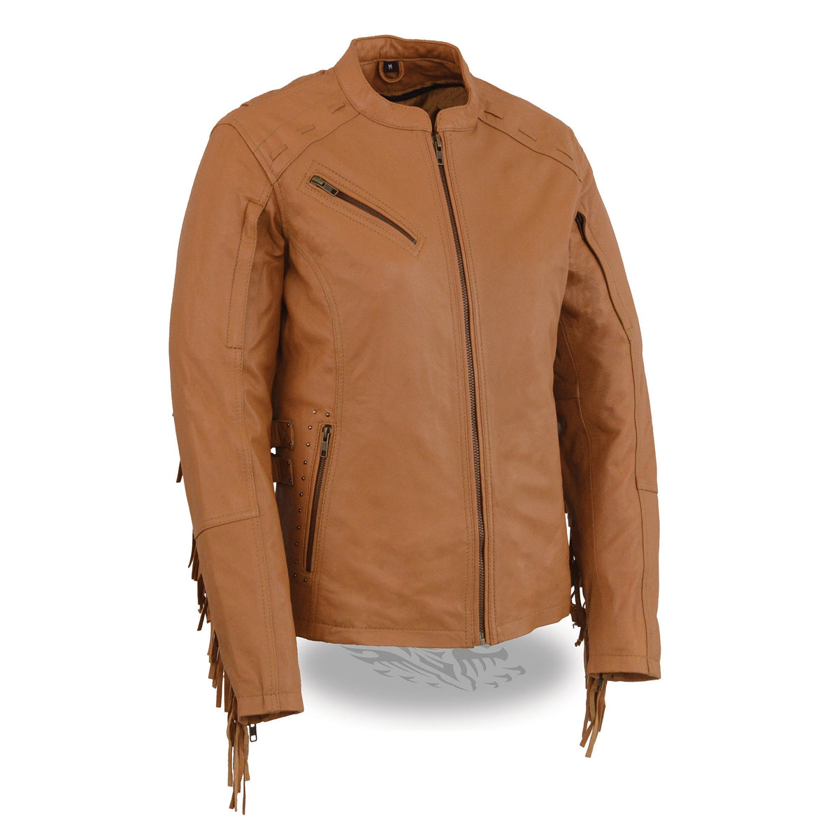 Ladies saddle tan lightweight scuba racer jacket with fringe details, stylish women’s jacket from HighwayLeather.