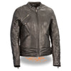 Women’s black racer jacket by HighwayLeather with lightweight fabric and crinkled arm detailing.