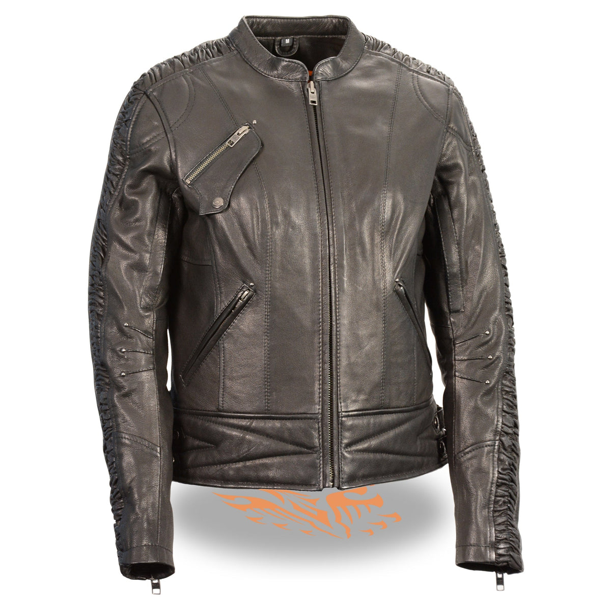 Women’s black racer jacket by HighwayLeather with lightweight fabric and crinkled arm detailing.