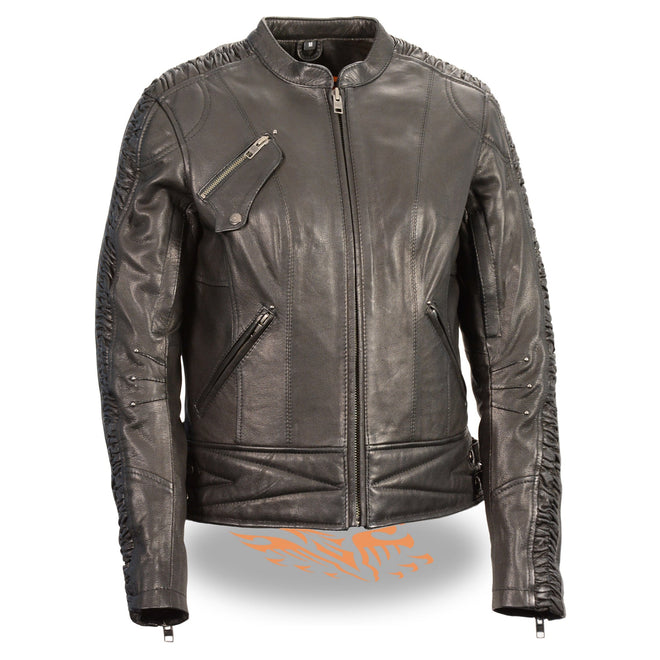Women’s black racer jacket by HighwayLeather with lightweight fabric and crinkled arm detailing.