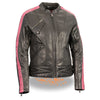 Women’s black racer jacket by HighwayLeather with lightweight fabric and crinkled arm detailing, perfect for casual wear.