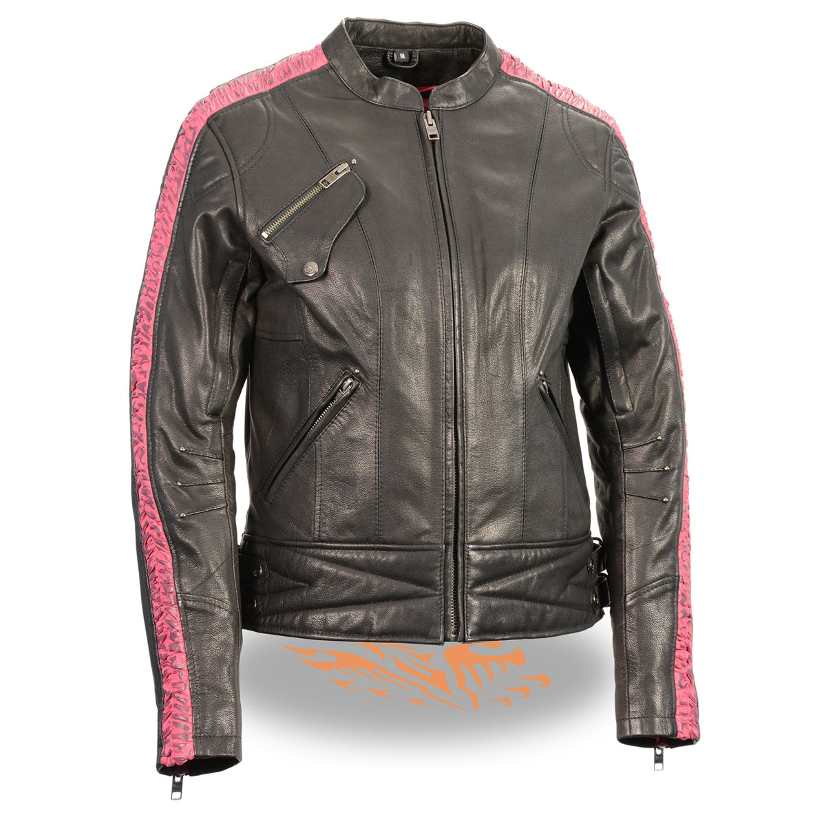 Women’s black racer jacket by HighwayLeather with lightweight fabric and crinkled arm detailing, perfect for casual wear.