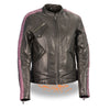 Ladies black racer jacket by HighwayLeather with lightweight fabric and crinkled arm detailing, designed for stylish comfort.
