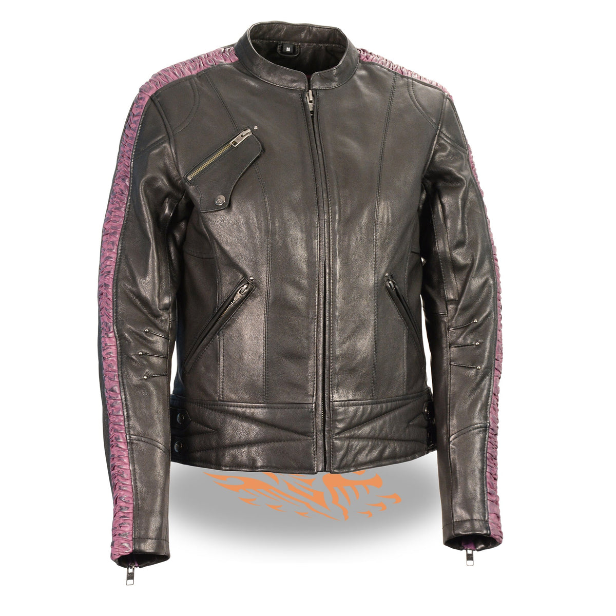 Ladies black racer jacket by HighwayLeather with lightweight fabric and crinkled arm detailing, designed for stylish comfort.