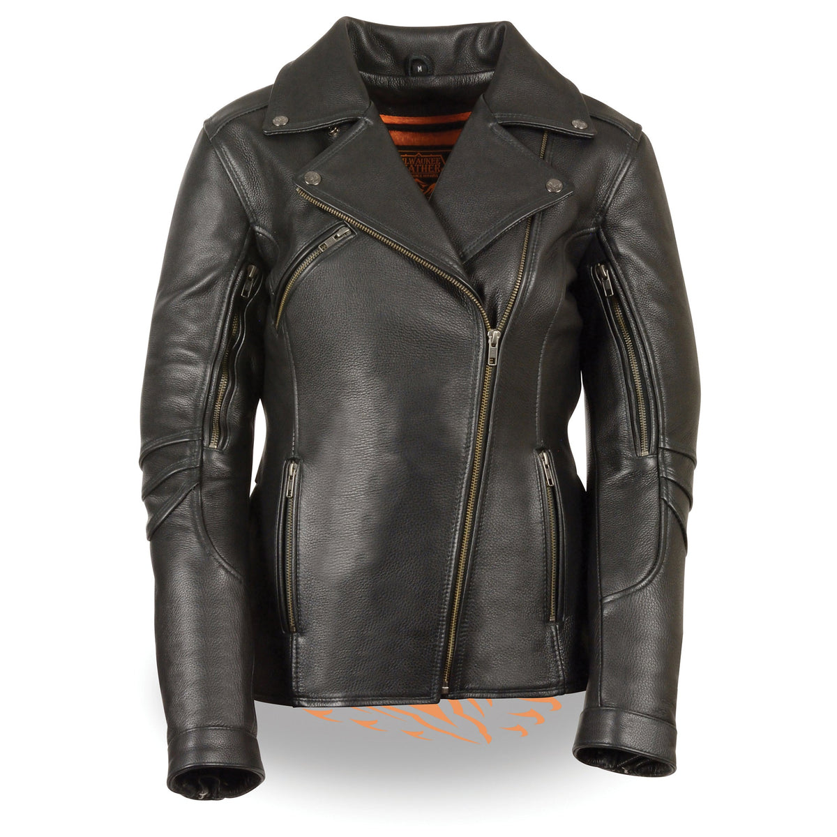 Women's vented biker jacket by HighwayLeather, long length, beltless design with a stylish, breathable vented style.