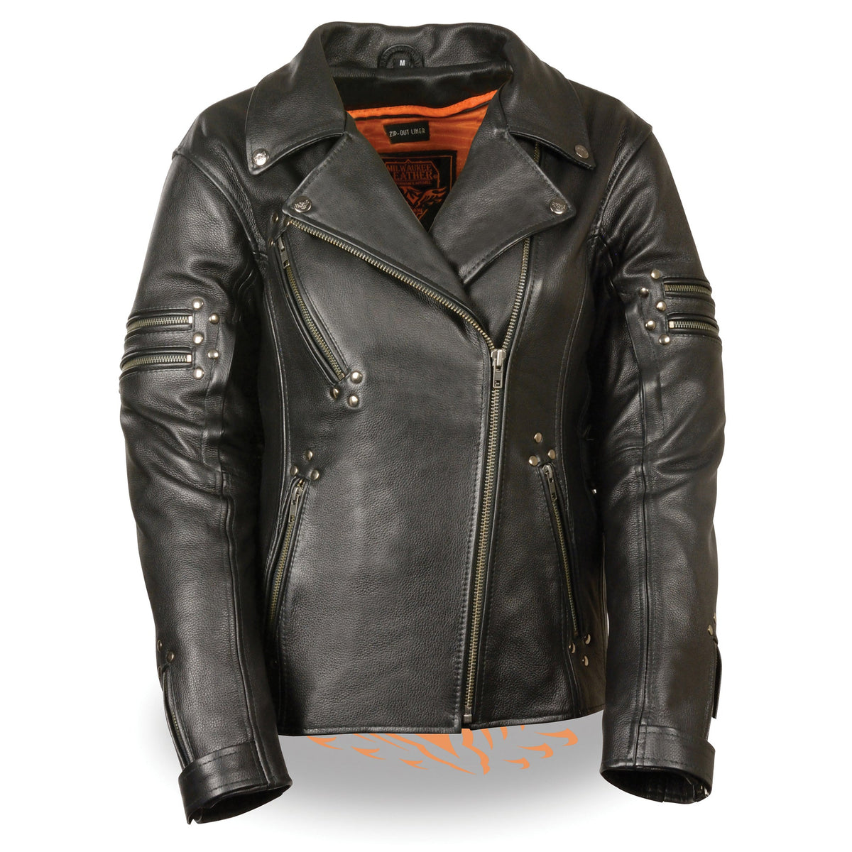 Ladies fitted beltless motorcycle jacket with rivet detailing by HighwayLeather, showcasing the sleek design and hardware details.