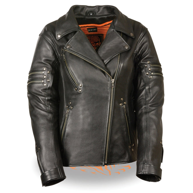 Ladies fitted beltless motorcycle jacket with rivet detailing by HighwayLeather, showcasing the sleek design and hardware details.