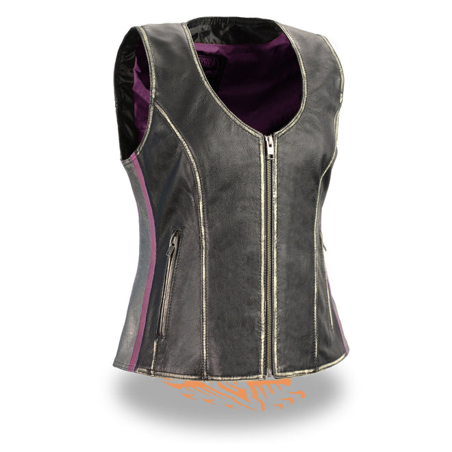 Women's black and silver zipper front vest by HighwayLeather featuring a rub-off finish and stylish design.