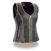 Women's black and silver zip-front vest by Dynamicleather, featuring rub-off details and a stylish front zipper.