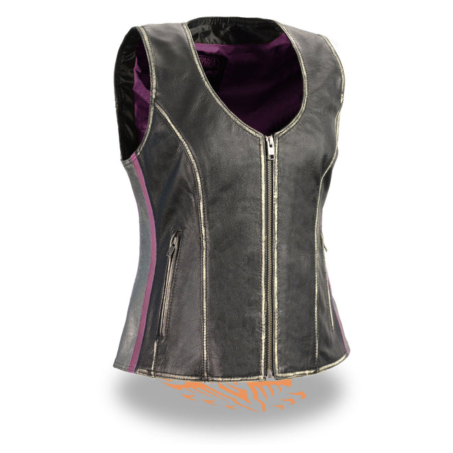 Women's black and silver zip-front vest by Dynamicleather, featuring rub-off details and a stylish front zipper.