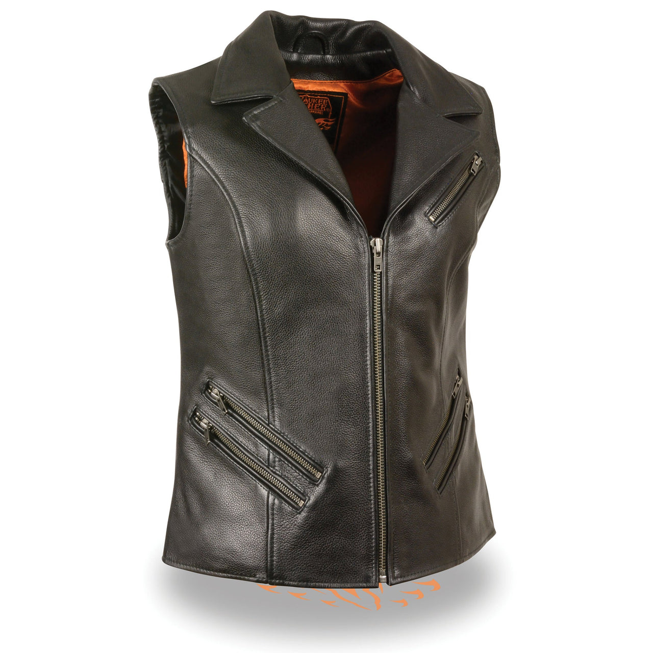 Ladies Long Zipper Front Vest w/ M/C Lapel Collar - HighwayLeather