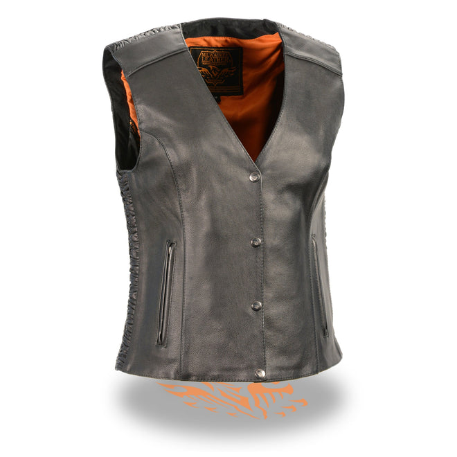 Black ladies snap front vest with phoenix studding and embroidery from HighwayLeather women's vests collection.
