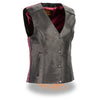 Ladies HighwayLeather snap front vest with phoenix embroidery and studding, featuring detailed stitching and a stylish design.