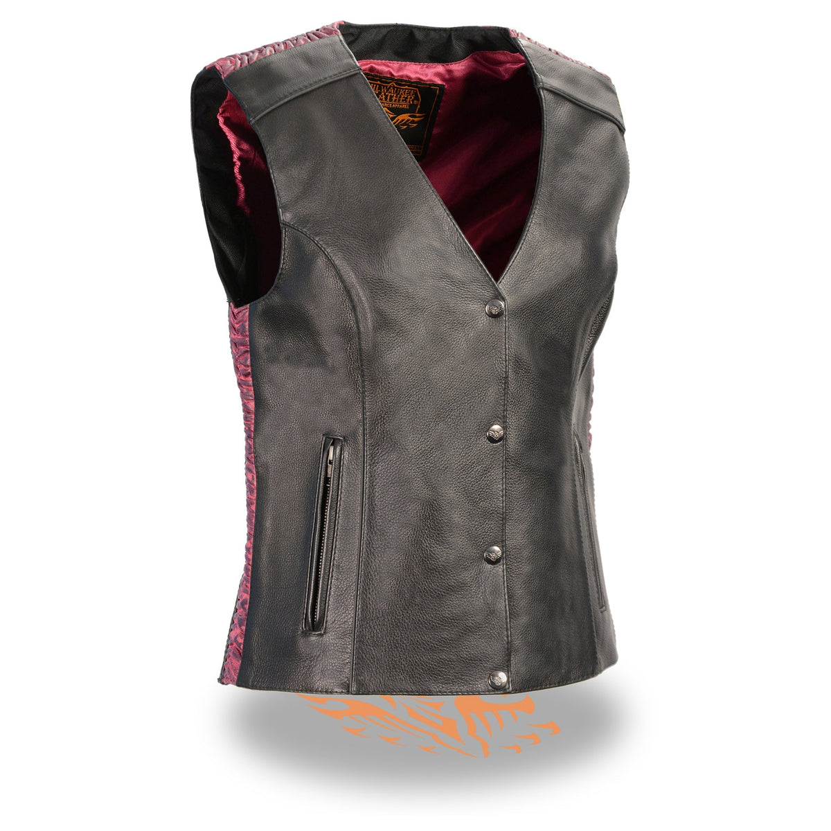 Ladies HighwayLeather snap front vest with phoenix embroidery and studding, featuring detailed stitching and a stylish design.