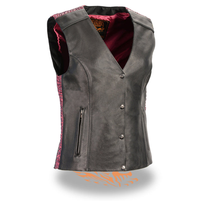 Ladies HighwayLeather snap front vest with phoenix embroidery and studding, featuring detailed stitching and a stylish design.