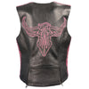 Ladies HighwayLeather snap front vest with phoenix studding and embroidery, featuring detailed stitching and a stylish design.