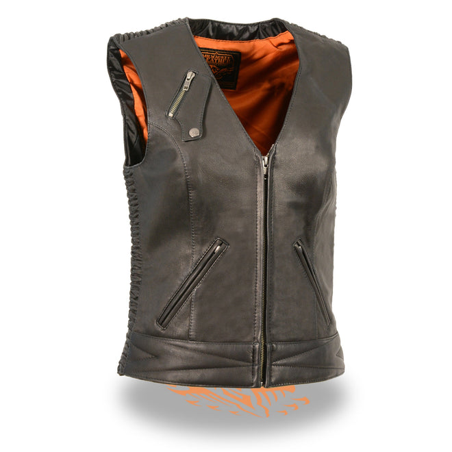 Black ladies lightweight snap front vest with crinkle detailing, designed for women by HighwayLeather.