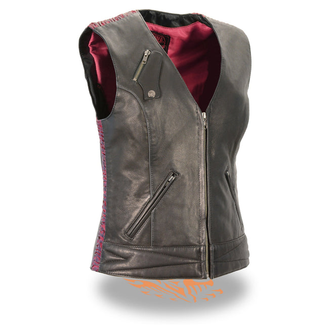 Women’s lightweight snap-front vest with crinkle detailing by HighwayLeather, featuring a stylish and textured design.