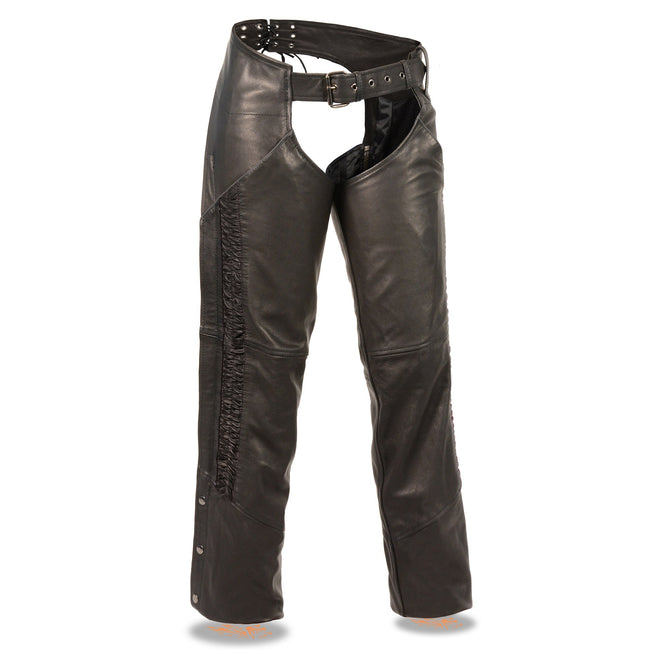 Black ladies hip set pocket chaps with crinkled leg striping and stylish design by HighwayLeather, suitable for riding or fashion.