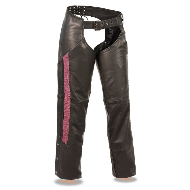 Lightweight ladies low rise chaps with crinkled leg striping from HighwayLeather, featuring a snug fit and stylish design.