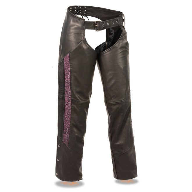 Ladies lightweight low-rise chaps by HighwayLeather with crinkled leg striping, in a vibrant purple color.