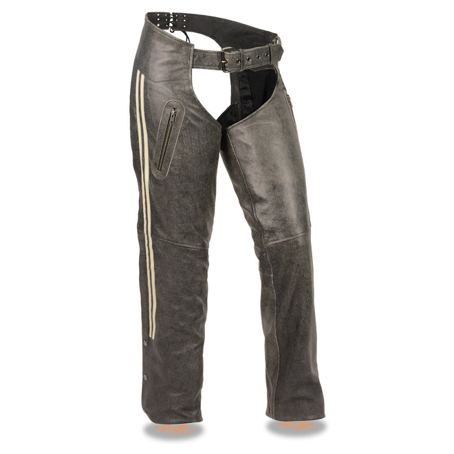 Women's vintage slate chaps with racing stripes by HighwayLeather, showcasing classic design and detailed leather craftsmanship.