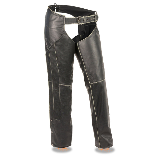 Women's Rub-off Low Rise Chap by HighwayLeather, stylish chaps with a low-rise fit, shown in black leather.