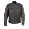 Men's HighwayLeather vented scooter jacket with heated technology, featuring multiple zippers and a sleek black design.