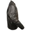 Milwaukee Leather men's throwback scooter jacket with side stretch panels and embellished sleeves, stylish and fitted for casual wear.
