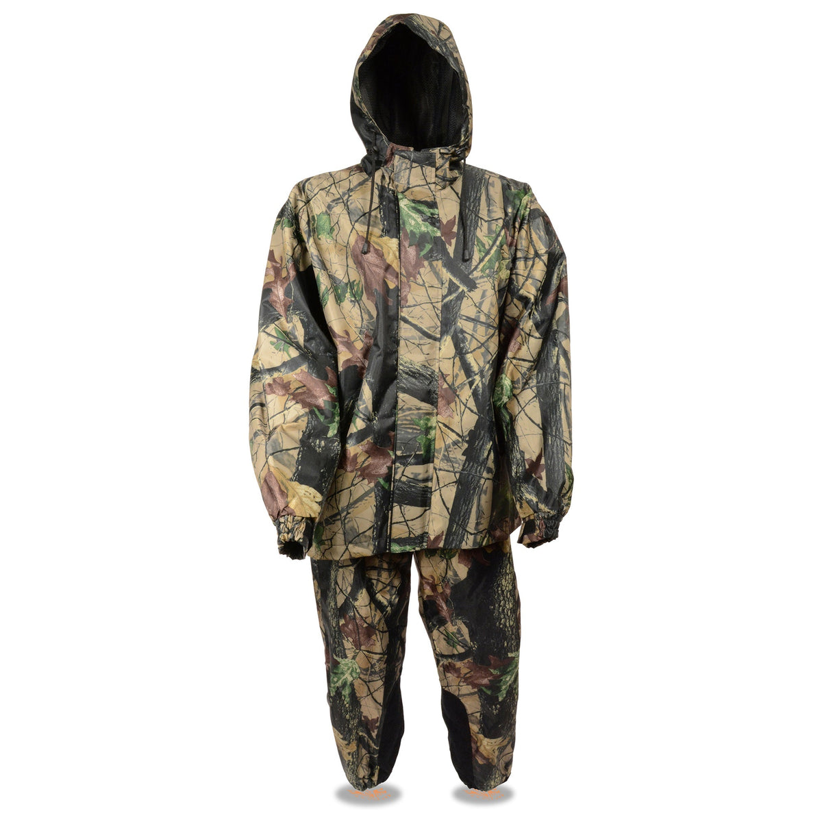 Men's jungle camouflage rain suit by HighwayLeather, high-performance rain gear with waterproof fabric and adjustable hood.