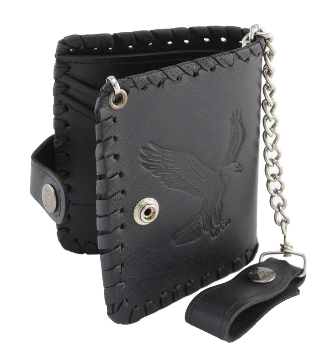 Black braided leather biker wallet with eagle design and steel chain from HighwayLeather, featuring a secure clasp and durable construction.