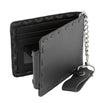 Men's black leather biker wallet with whip stitch detailing and a steel chain, featuring multiple card slots and a secure snap closure.