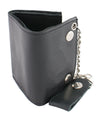 Small men's leather tri-fold wallet with steel chain from HighwayLeather, featuring multiple card slots and secure closure.