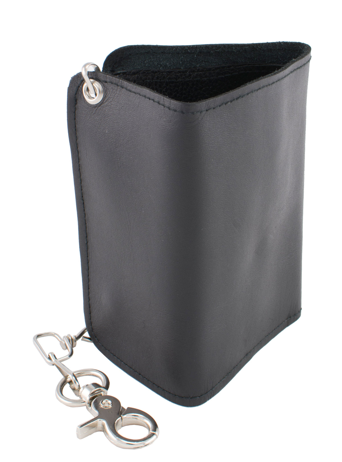 Men's leather tri-fold wallet with steel chain from HighwayLeather, featuring multiple card slots and a secure fold design.