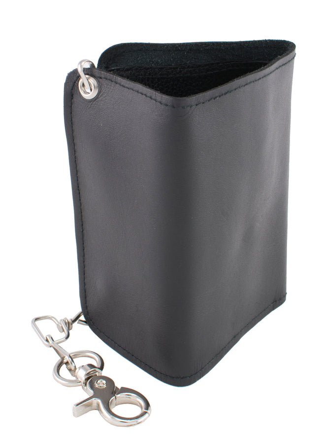 Men's leather tri-fold wallet with steel chain from HighwayLeather, featuring multiple card slots and a secure fold design.