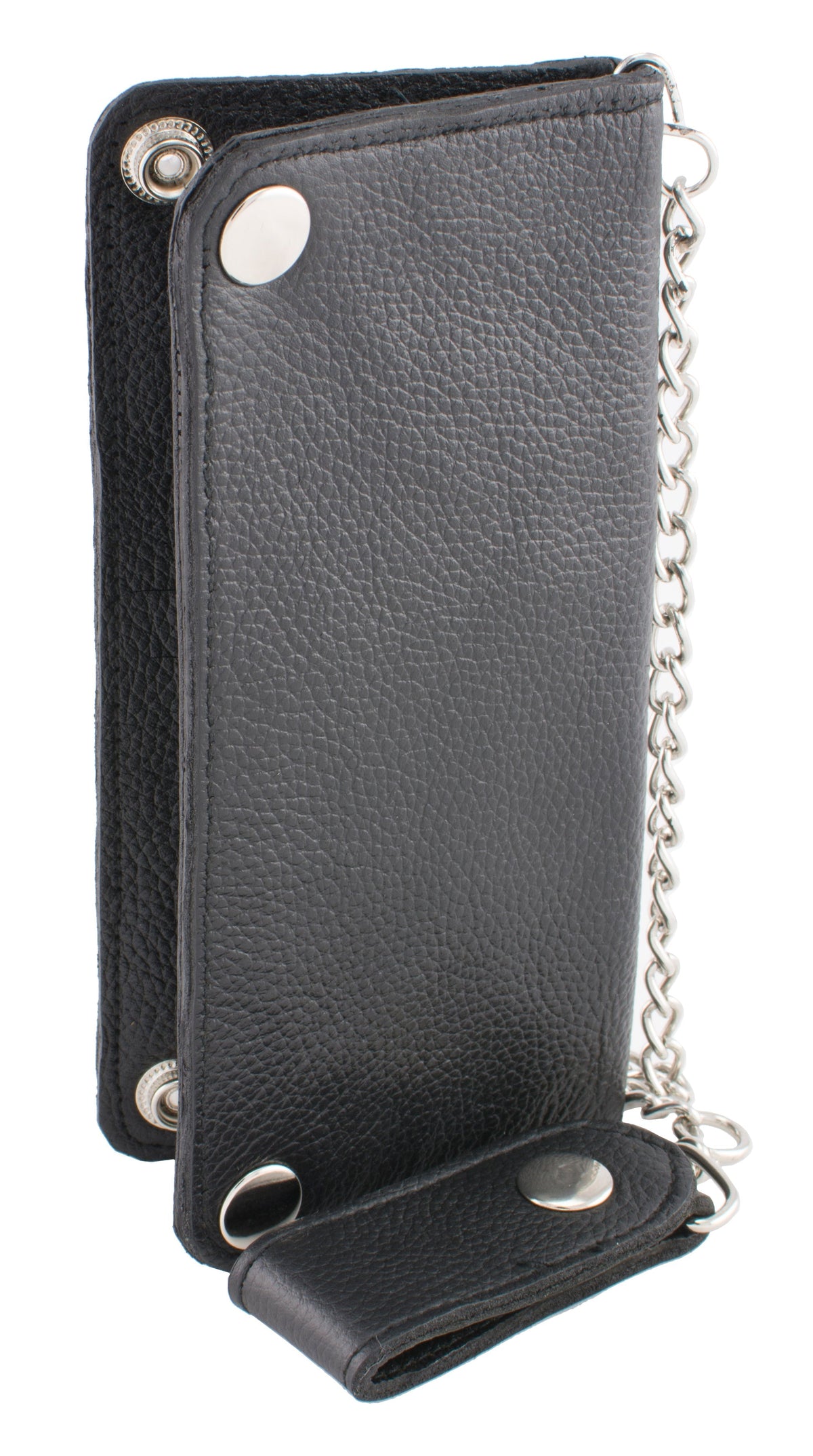 Milwaukee Leather men's bi-fold long wallet with steel chain, featuring multiple card slots and a secure clasp.