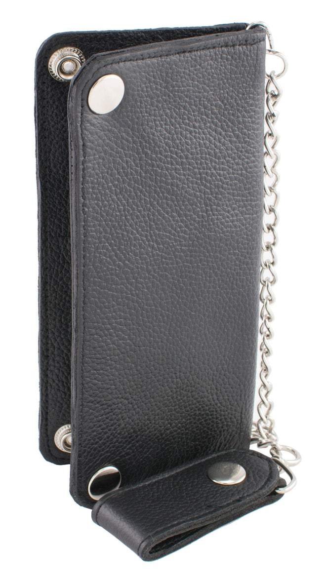 Milwaukee Leather men's bi-fold long wallet with steel chain, featuring multiple card slots and a secure clasp.