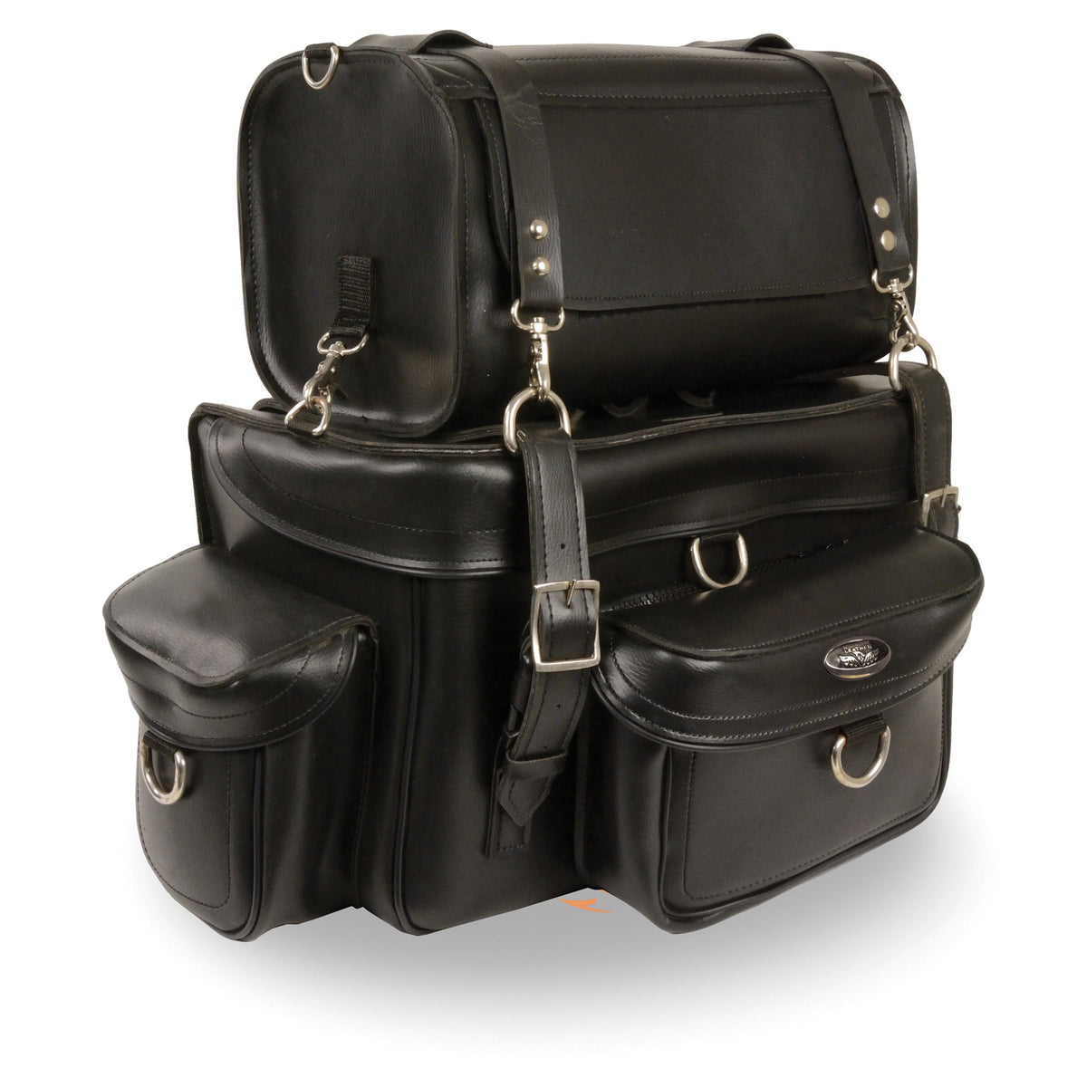 HighwayLeather two-piece touring pack sissy bar bag with 18x12x9 inch storage for biker bags.