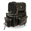 HighwayLeather two-piece studded touring pack sissy bar bag with straps, 18x12x9 inches, designed for motorcycle touring.